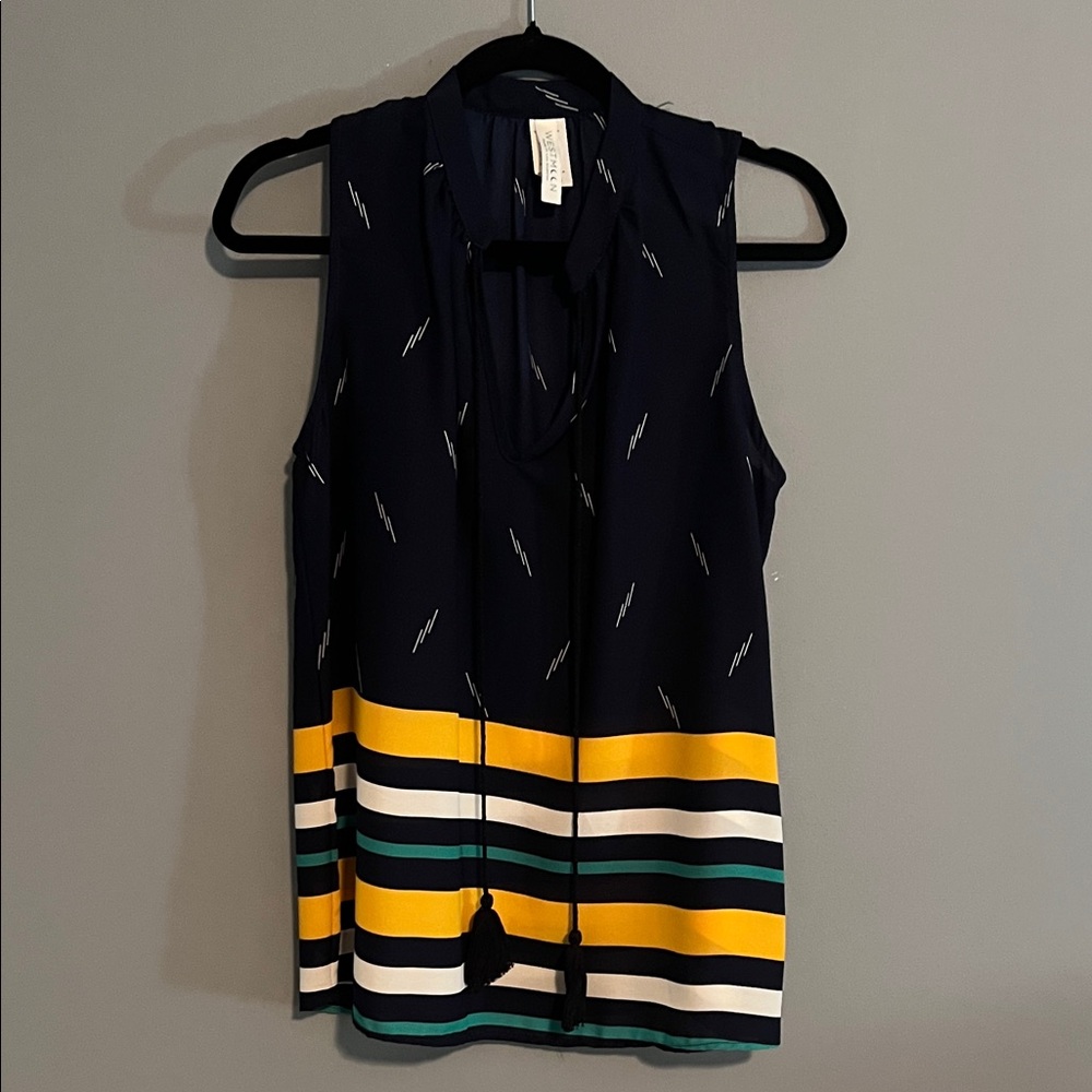 Sleeveless Navy Stripe Tie-Neck Top - Yellow & Teal Accents